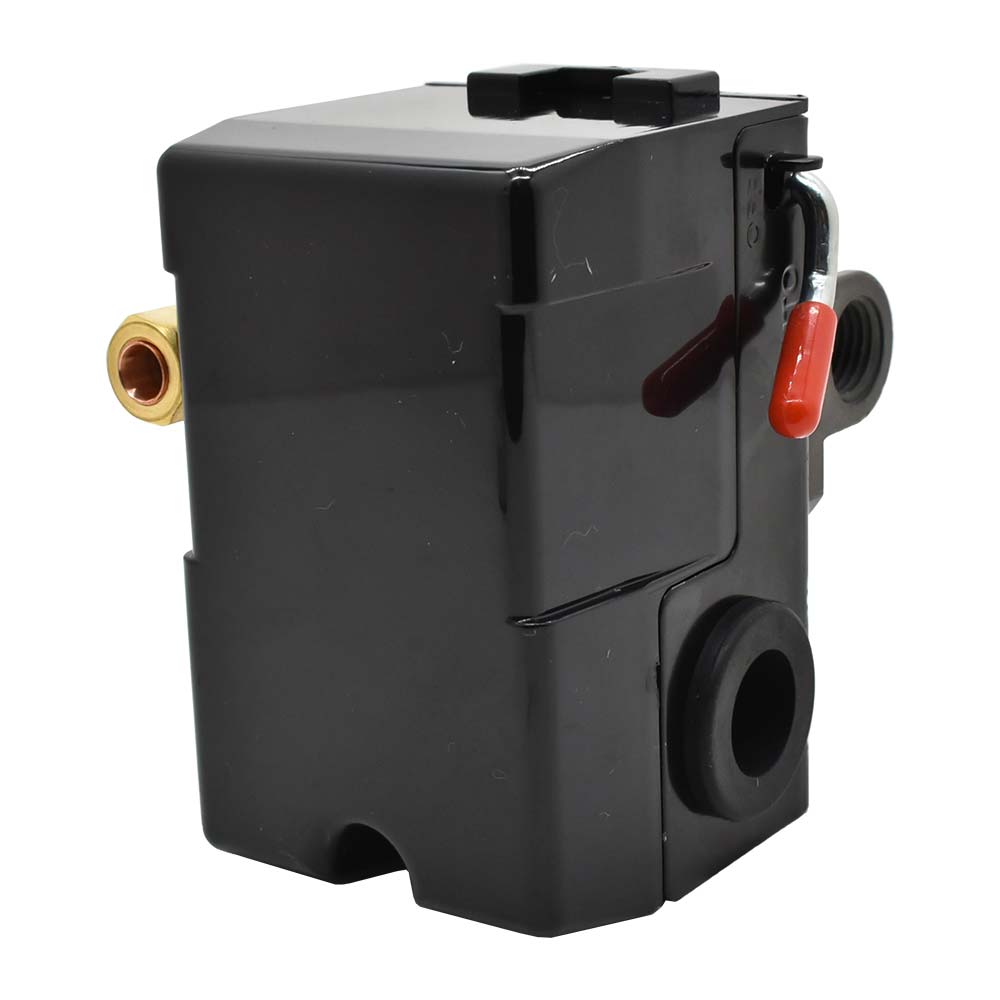 Pressure Switch - 135-175 PSI 26 Amp Four Port 1/4 NPT Female, 6.4 mm Vertical Brass Unloader Valve With On – Off Lever