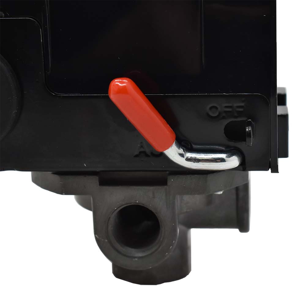 Pressure Switch - 135-175 PSI 26 Amp Four Port 1/4 NPT Female, 6.4 mm Vertical Brass Unloader Valve With On – Off Lever