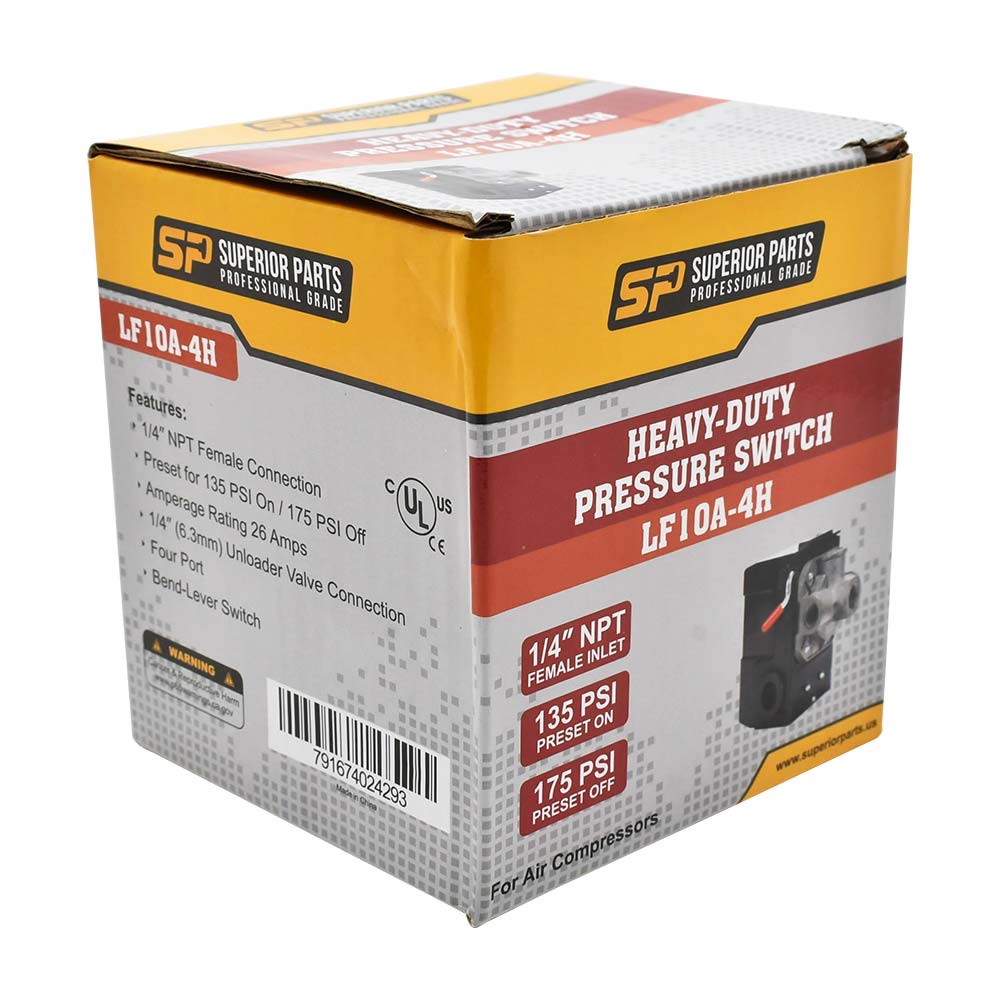 Pressure Switch - 135-175 PSI 26 Amp Four Port 1/4 NPT Female, 6.4 mm Vertical Brass Unloader Valve With On – Off Lever