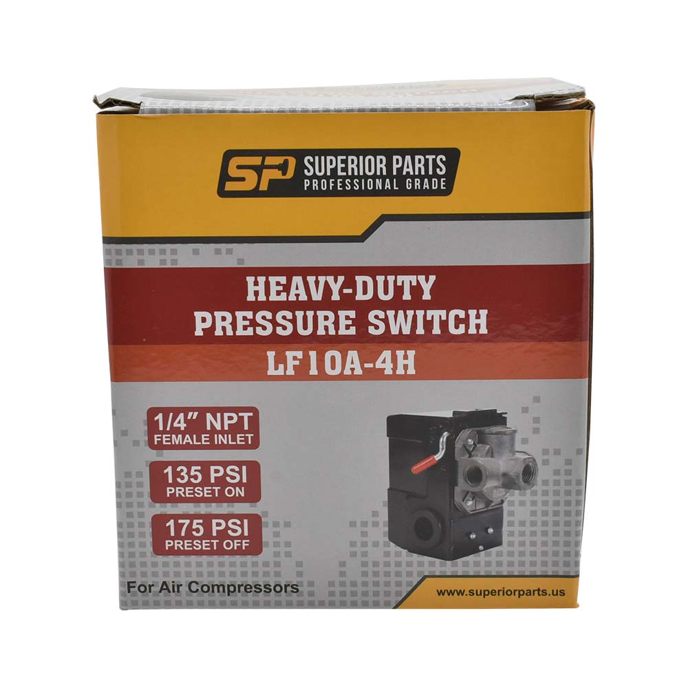Pressure Switch - 135-175 PSI 26 Amp Four Port 1/4 NPT Female, 6.4 mm Vertical Brass Unloader Valve With On – Off Lever