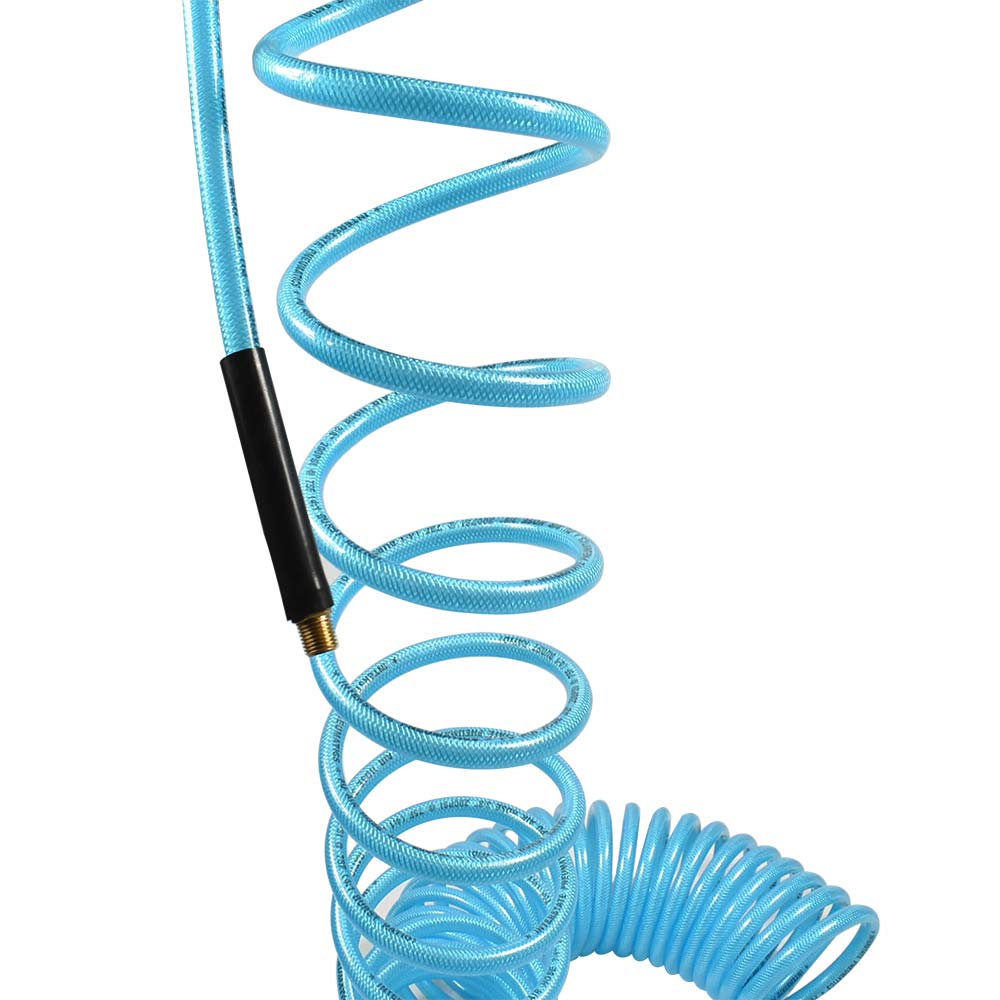 3/8" 50 ft w/1/4" NPT non -swivel Fittings, Braided Clear-Blue Recoil PU Hose (HR16-050A)