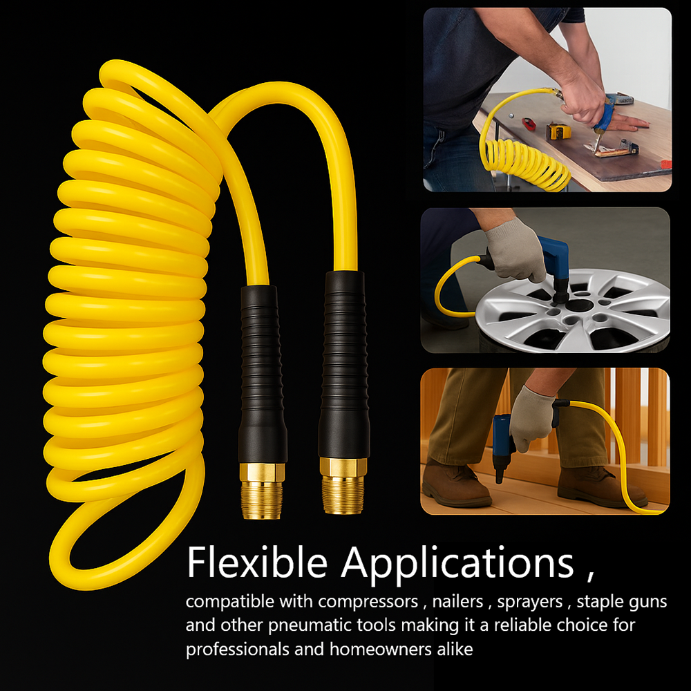 1/4" 5 ft long w/1/4" NPT Solid Fittings, Recoil Yellow PU Hose