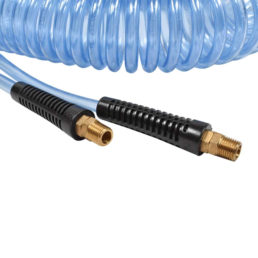 1/4" 30 ft long w/1/4" NPT Solid Fittings, Recoil Translucent Blue PU Hose