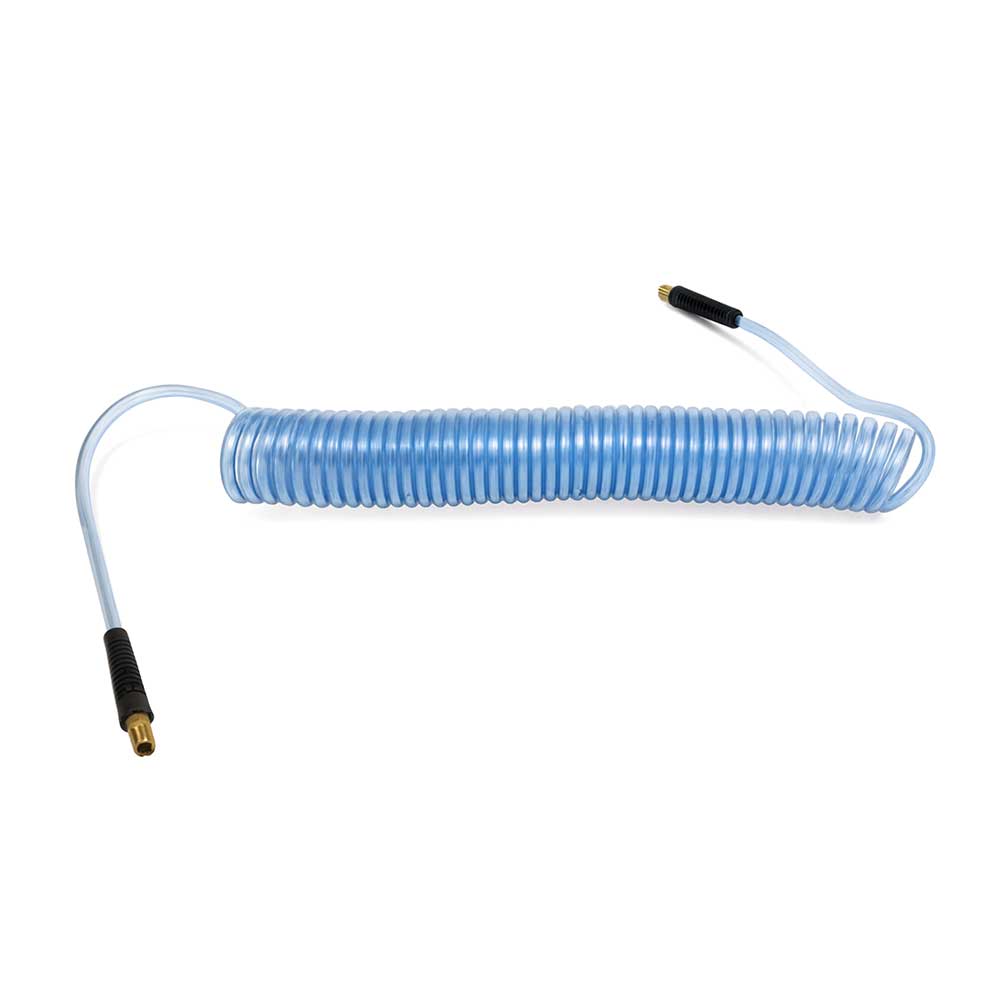 1/4" 30 ft long w/1/4" NPT Solid Fittings, Recoil Translucent Blue PU Hose