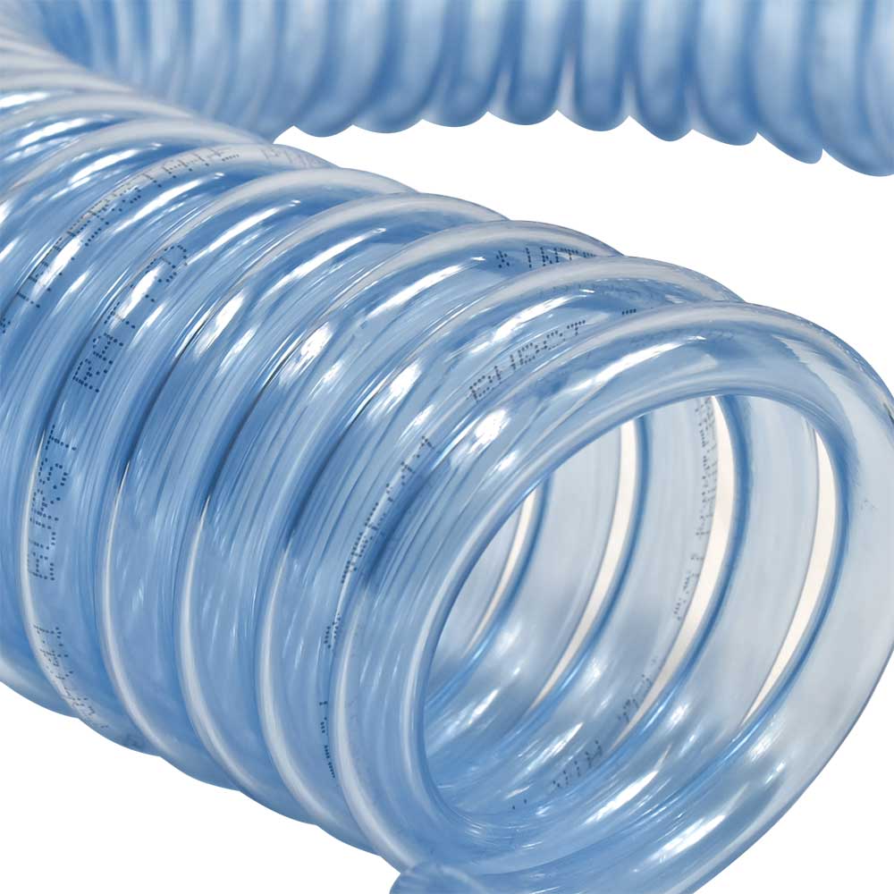 1/4" 30 ft long w/1/4" NPT Solid Fittings, Recoil Translucent Blue PU Hose