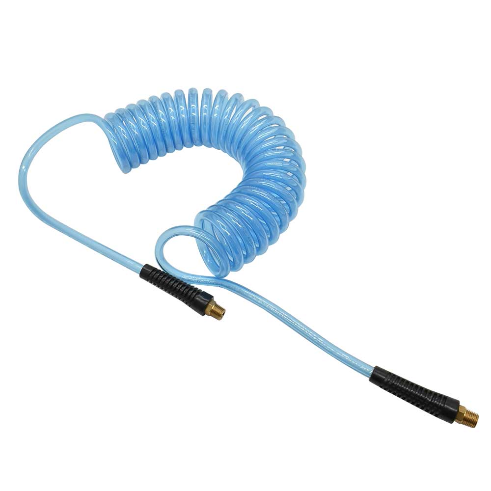 1/4" 25 ft long w/1/4" NPT Solid Fittings, Recoil Translucent Blue PU Hose