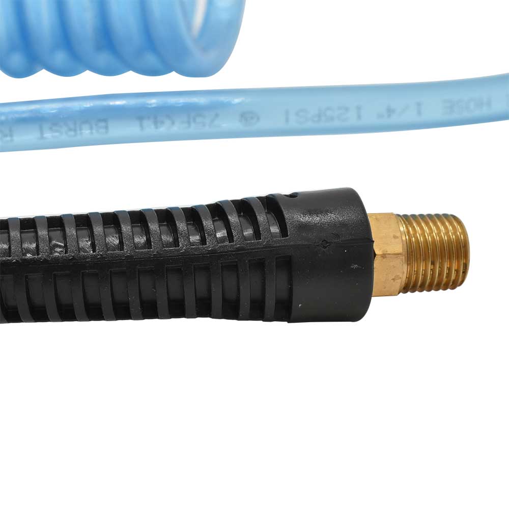 1/4" 25 ft long w/1/4" NPT Solid Fittings, Recoil Translucent Blue PU Hose