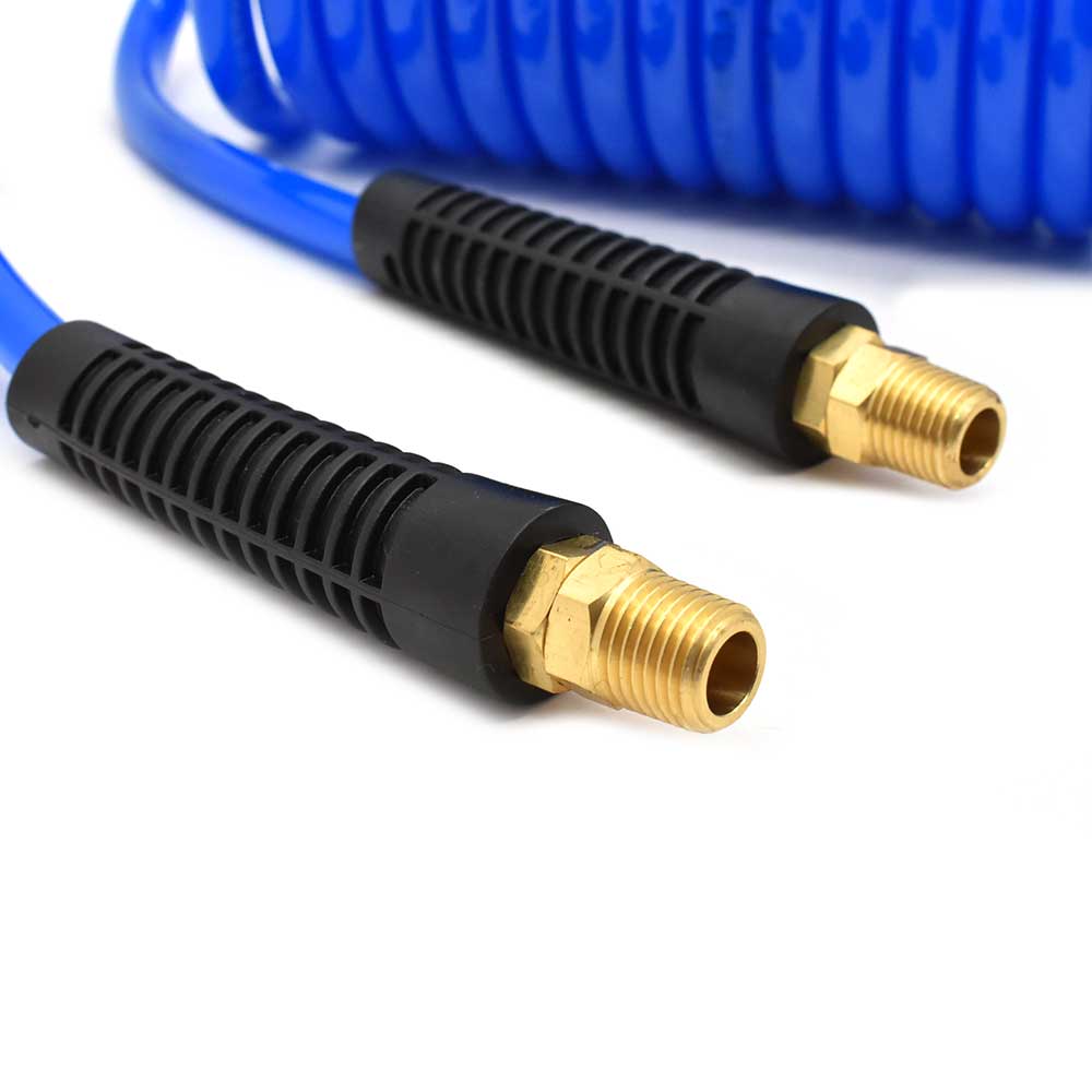 1/4" 15 ft long w/1/4" NPT Solid Fittings, Recoil Translucent Blue PU Hose