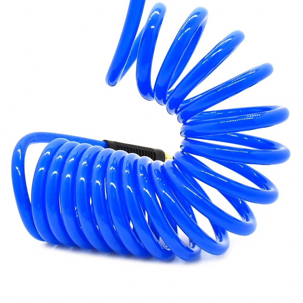 1/4" 15 ft long w/1/4" NPT Solid Fittings, Recoil Translucent Blue PU Hose