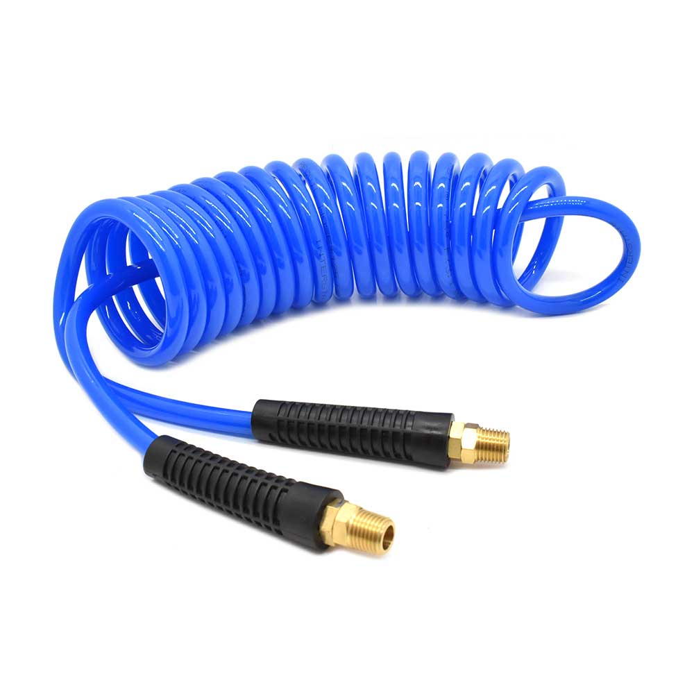 1/4" 15 ft long w/1/4" NPT Solid Fittings, Recoil Translucent Blue PU Hose