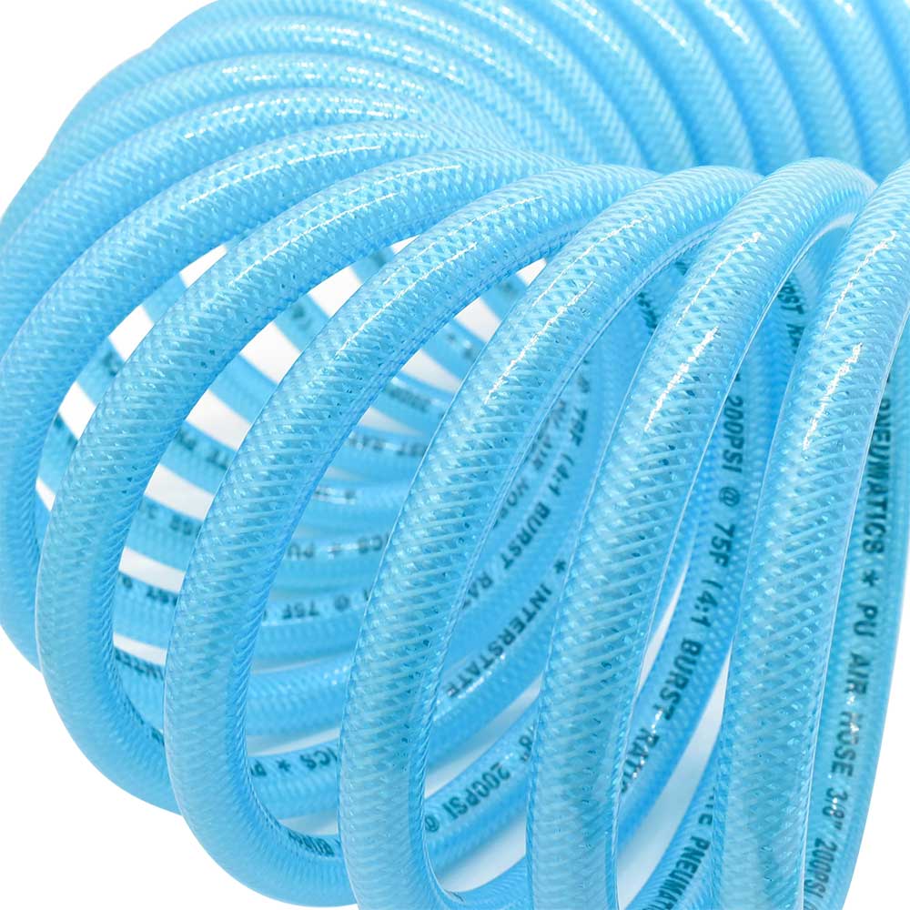 3/8" 25 ft w/1/4" NPT non -swivel Fittings, Braided Clear-Blue Recoil PU Hose (HR26-020A & HR26-025A)  (HR16-025A)