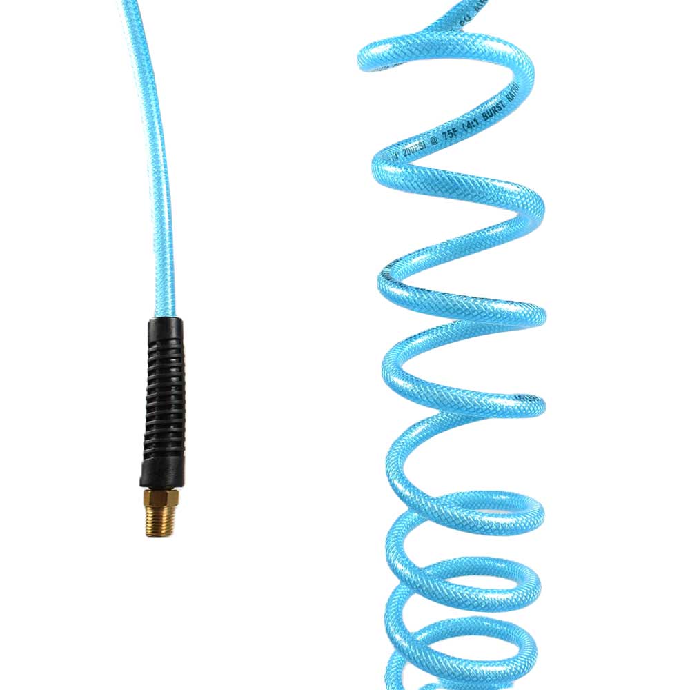 1/4" 50 ft w/1/4" NPT Solid Fittings, Braided Clear-Blue Recoil PU Hose