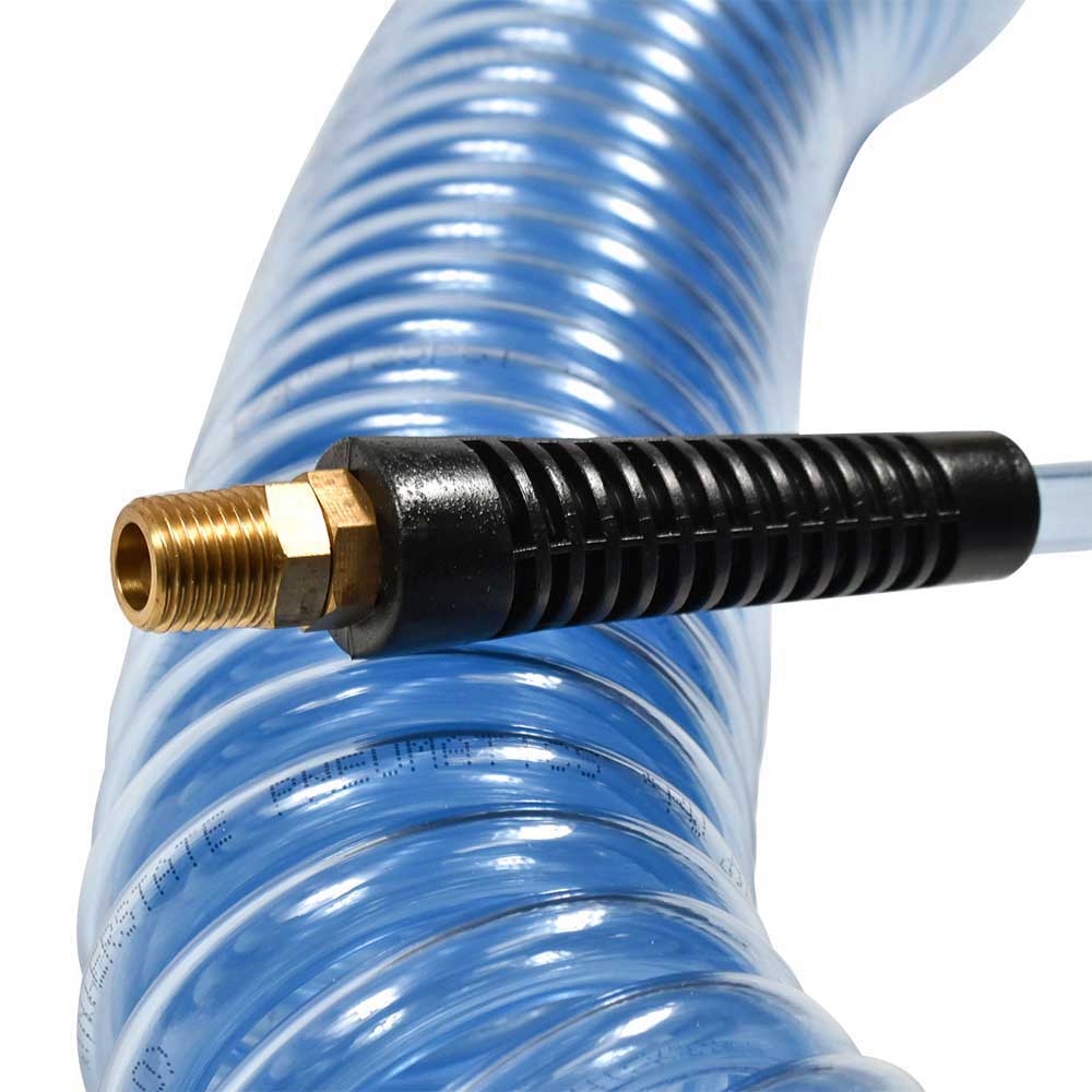 1/4" 50 ft long w/1/4" NPT Swivel Fittings, Recoil Translucent Blue PU Hose