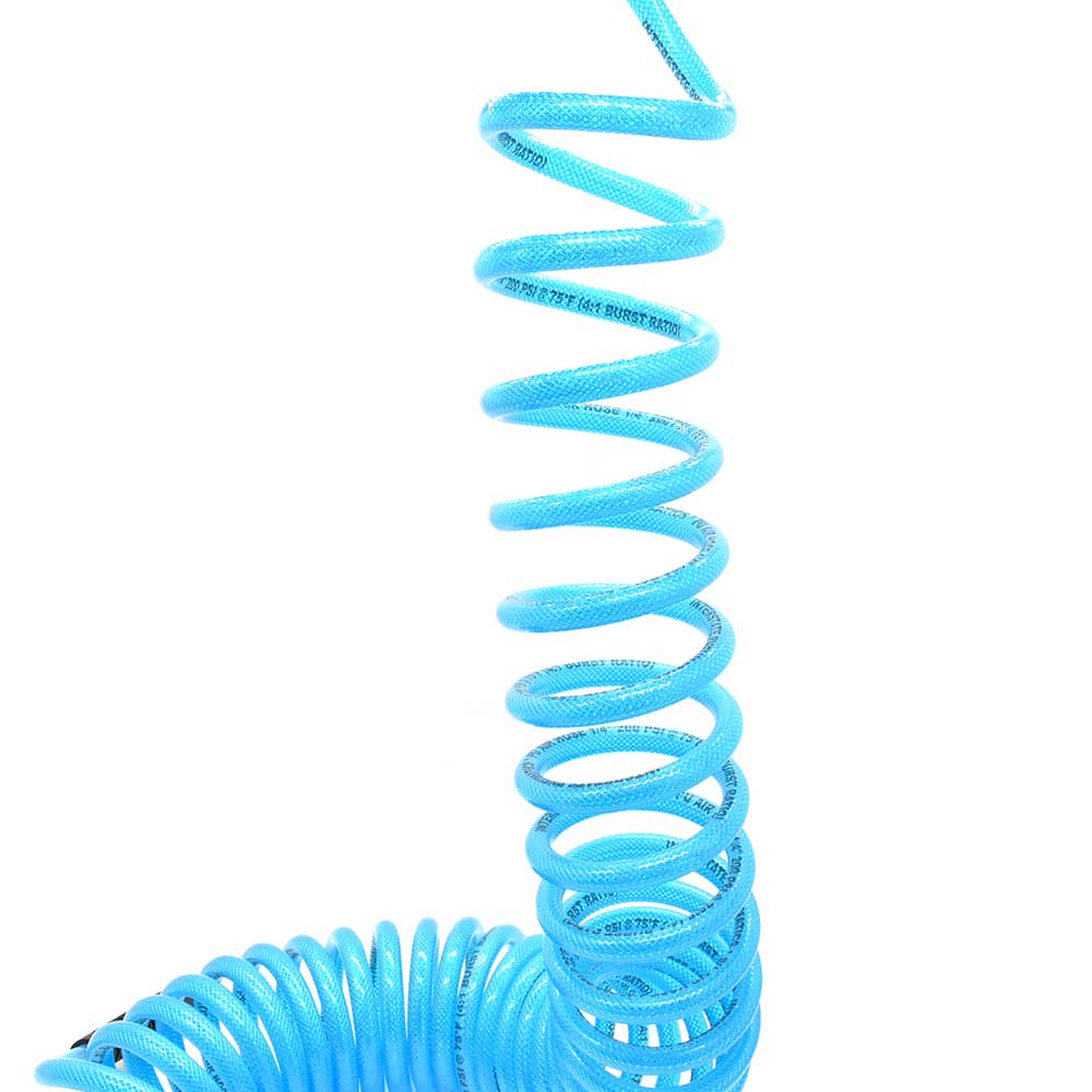 1/4" 25 ft w/1/4" NPT SOLID Fittings, Braided Clear-Blue Recoil PU Hose