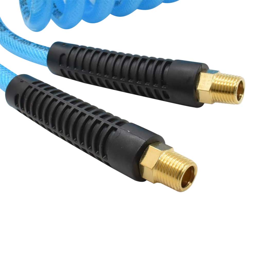 1/4" 25 ft w/1/4" NPT SOLID Fittings, Braided Clear-Blue Recoil PU Hose