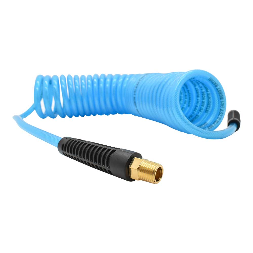 1/4" 25 ft w/1/4" NPT SOLID Fittings, Braided Clear-Blue Recoil PU Hose
