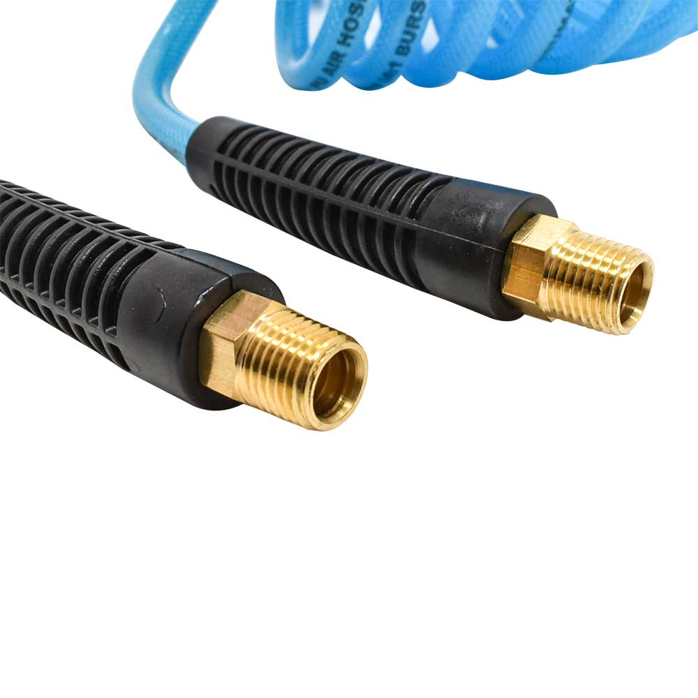 1/4" 10 ft w/1/4" NPT SOLID Fittings, Braided Clear-Blue Recoil PU Hose