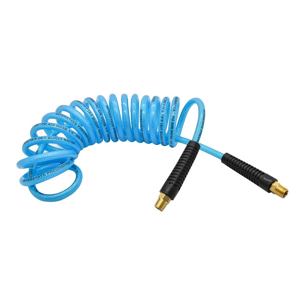 1/4" 15 ft w/1/4" NPT SOLID Fittings, Braided Clear-Blue Recoil PU Hose