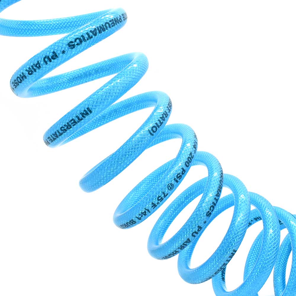 1/4" 15 ft w/1/4" NPT SOLID Fittings, Braided Clear-Blue Recoil PU Hose