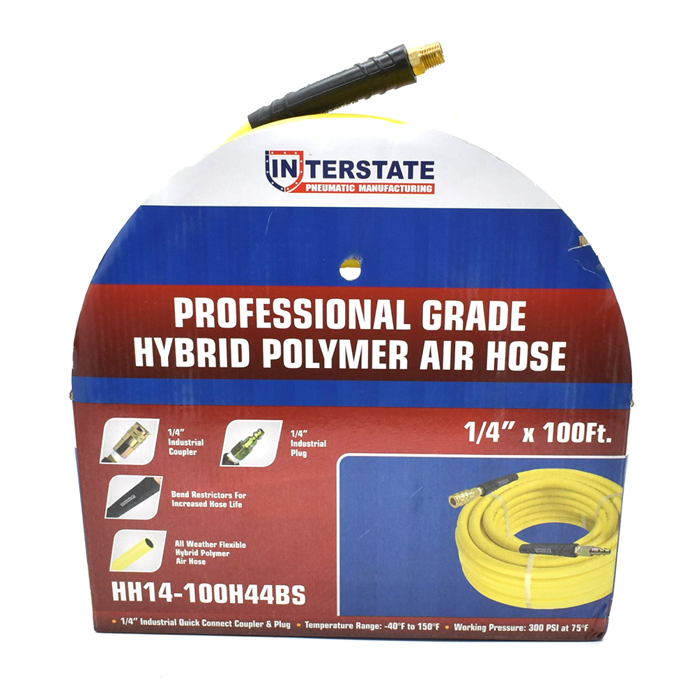 1/4" 100 ft Yellow Hybrid Polymer Hose With 1/4" Brass Industrial 6-Ball Coupler & Steel Plug