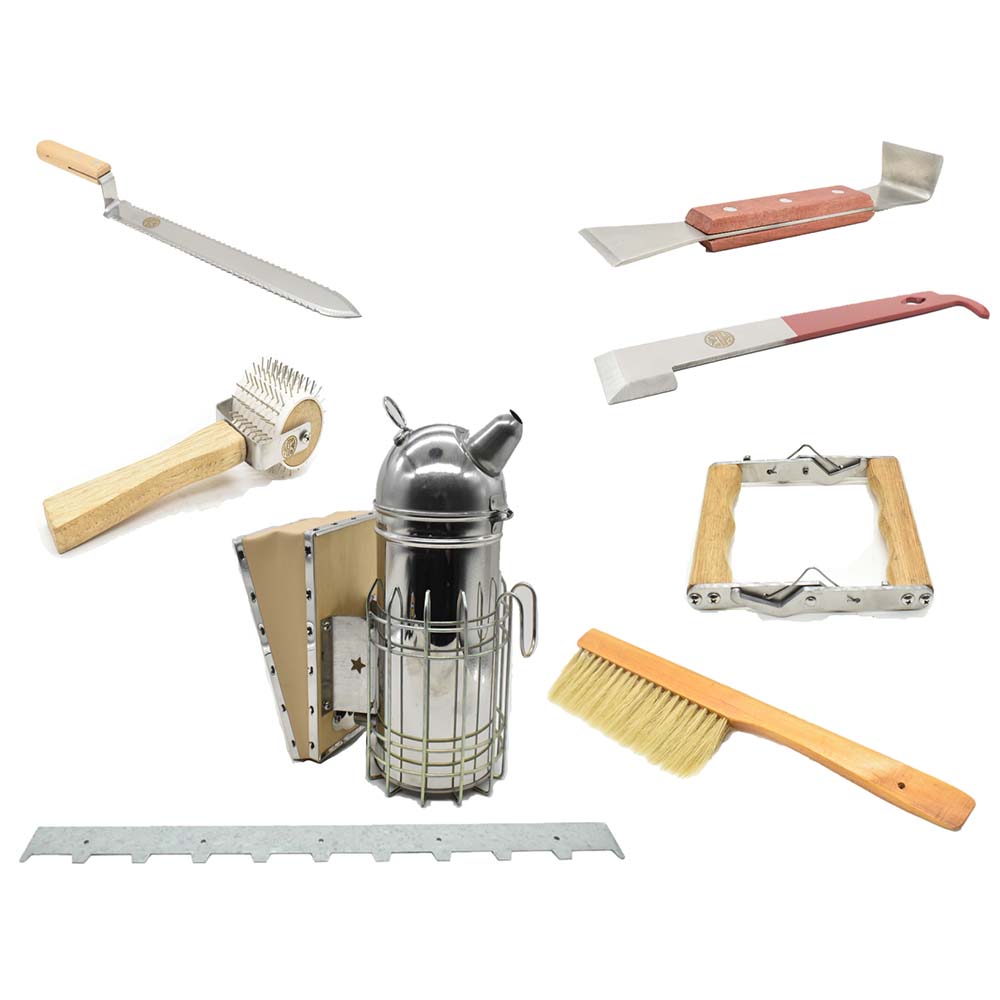 Beekeeping Beehive Kit includes 2 Frame Manual Honey Extractor, Frames, Foundations, Super Box, Uncapping Knife, Spacer, Brush, Frame Remover, Wood Handle Scraper, Decapping Roller, Stainless Steel Lifter / J-Hook Tool & Smoker