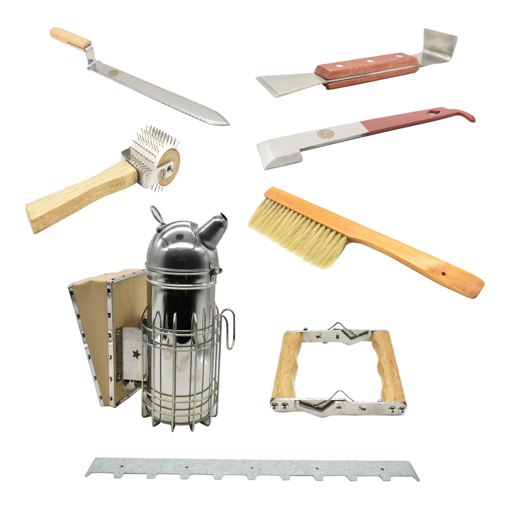 Beekeeping Complete Beehive Kit includes 2 Frame Manual Honey Extractor, Brood Box, Frames, Foundations, Inner Cover, Top, Bottom, Uncapping Knife, Spacer, Brush, Frame Remover, Wood Handle Scraper, Decapping Roller, Stainless Steel Lifter / J-Hook Tool & Smoker 
GLBSEBROODCTS1