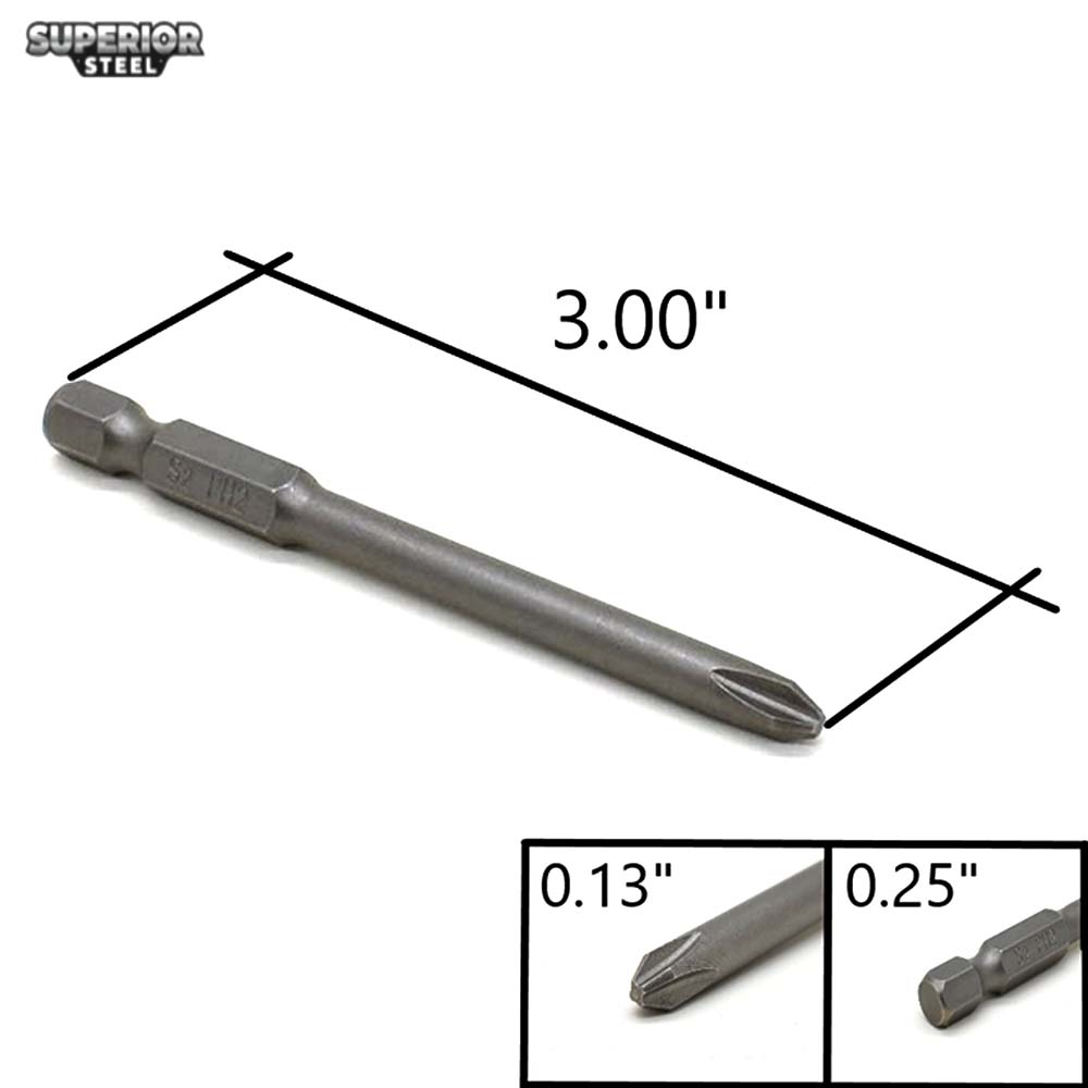 10 Display Pack - 2# Phillips Head Power Screwdriver Bits - 3 Inch Long - 5mm Dia