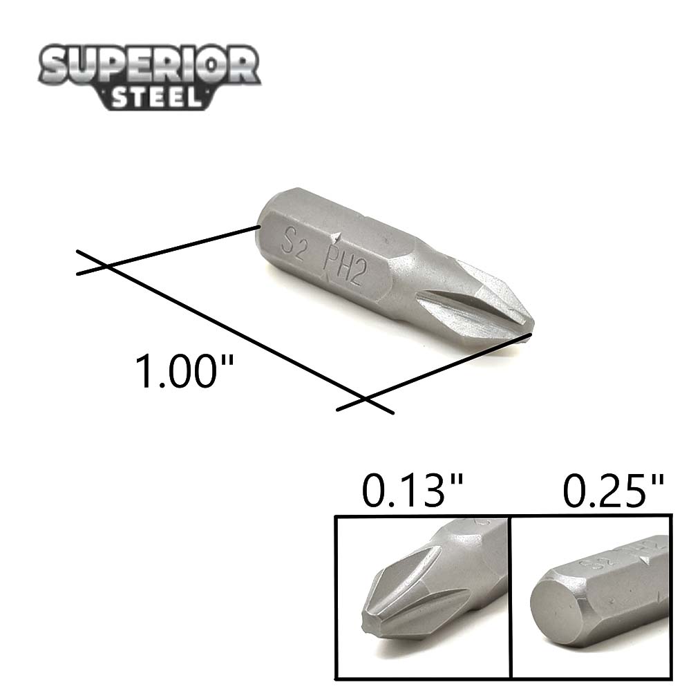 10 Display Pack - 2# Phillips Head Power Screwdriver Bits - 1 Inch Long