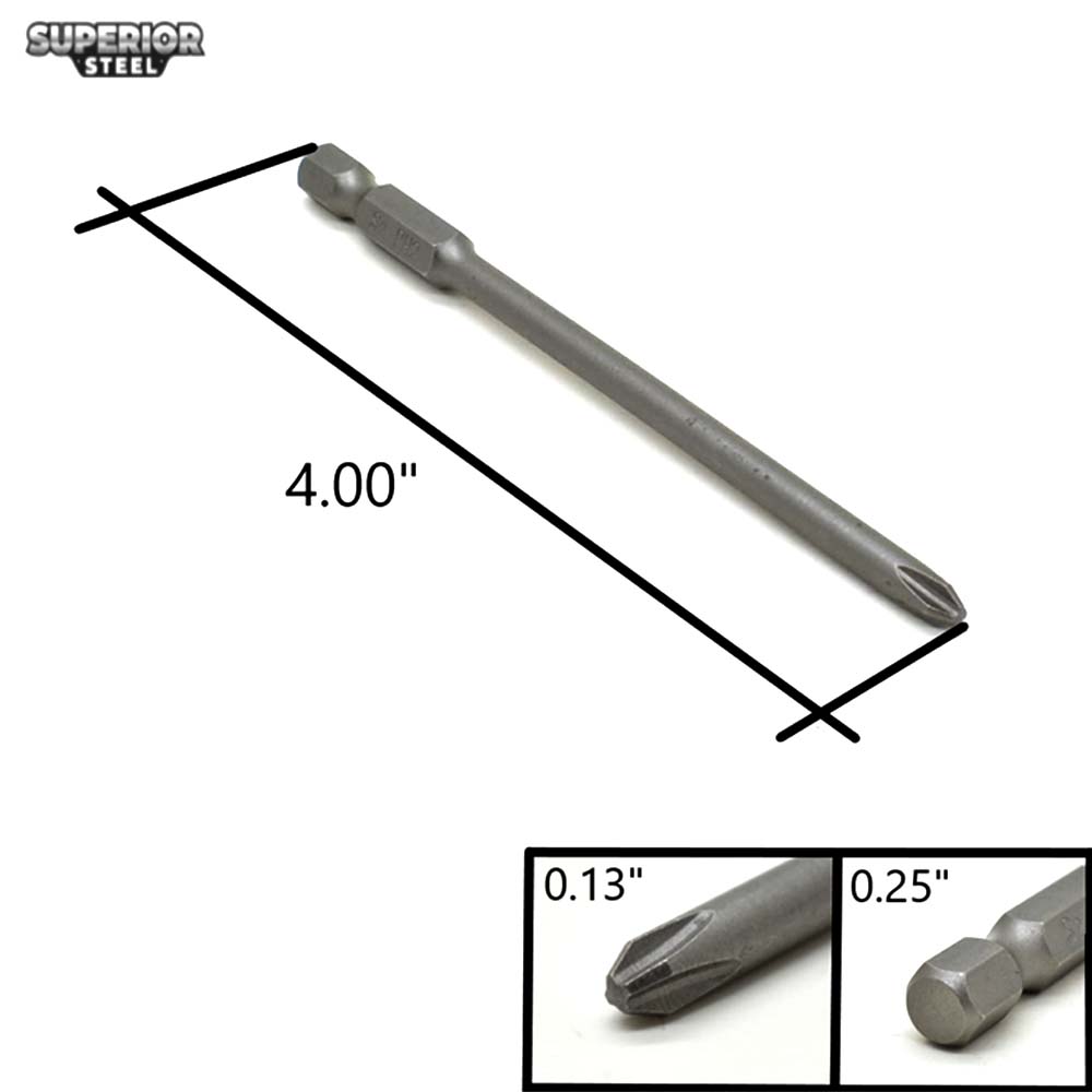 25 Bulk - 2# Phillips Head Power Screwdriver Bits - 4 Inch Long - 4.5mm Dia