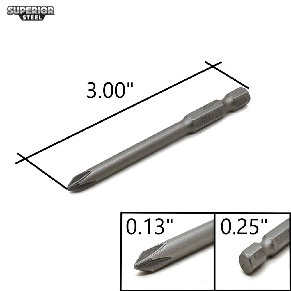 10 Display Pack - 1# Phillips Head Power Screwdriver Bits - 3 Inch Long - 4.5mm Dia