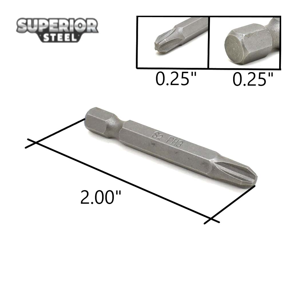 10 Display Pack - 3# Phillips Head Power Screwdriver Bits - 2 Inch Long - 6mm Dia