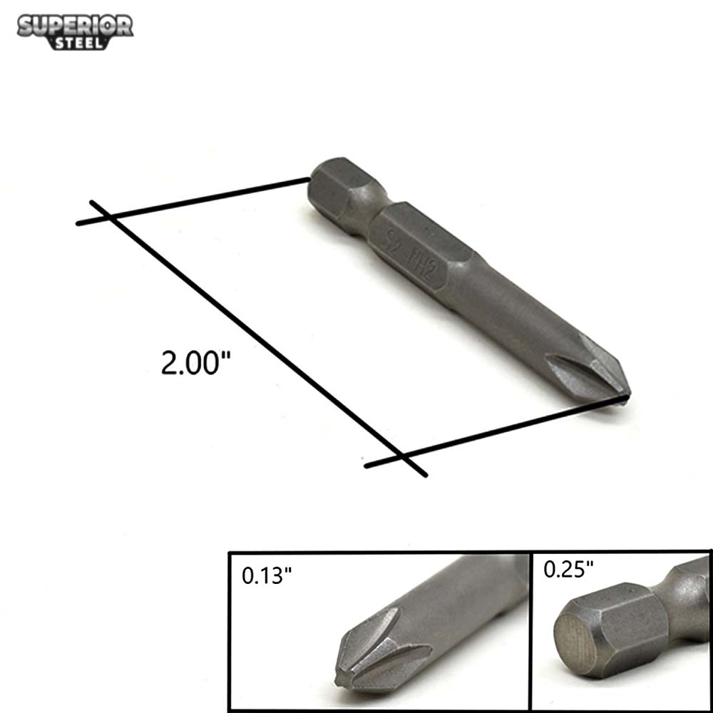 10 Display Pack - 2# Phillips Head Power Screwdriver Bits - 2 Inch Long - 4.5mm Dia