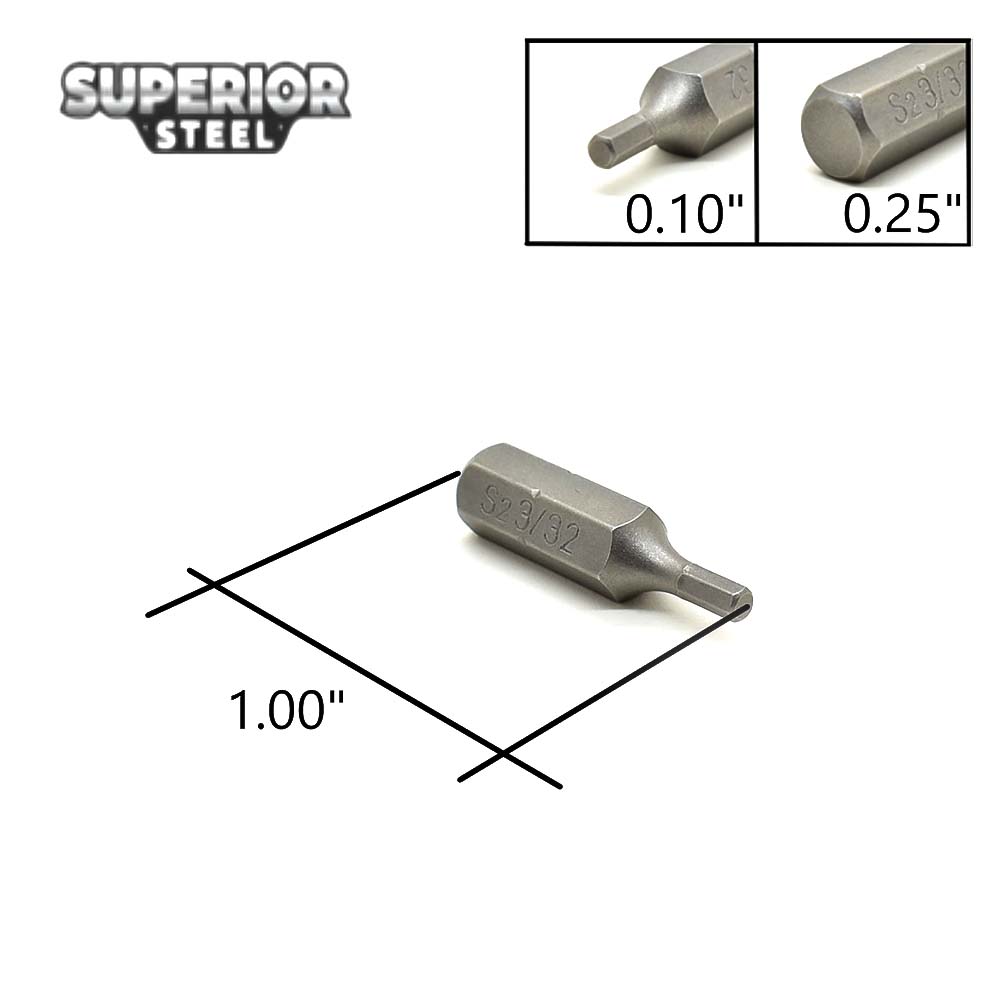 10 Display Pack - Single End Hexagonal Screwdriver Bits - 1 Inch Long - 3/32 Hex