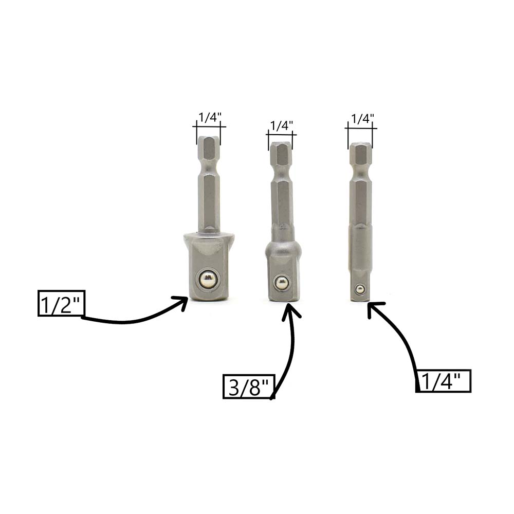 3PCS Set 1/4" 3/8" 1/2" Square Socket Adapter - 1/4" Hex Shank - Power Extension Bit Set for Drills - SE 2549