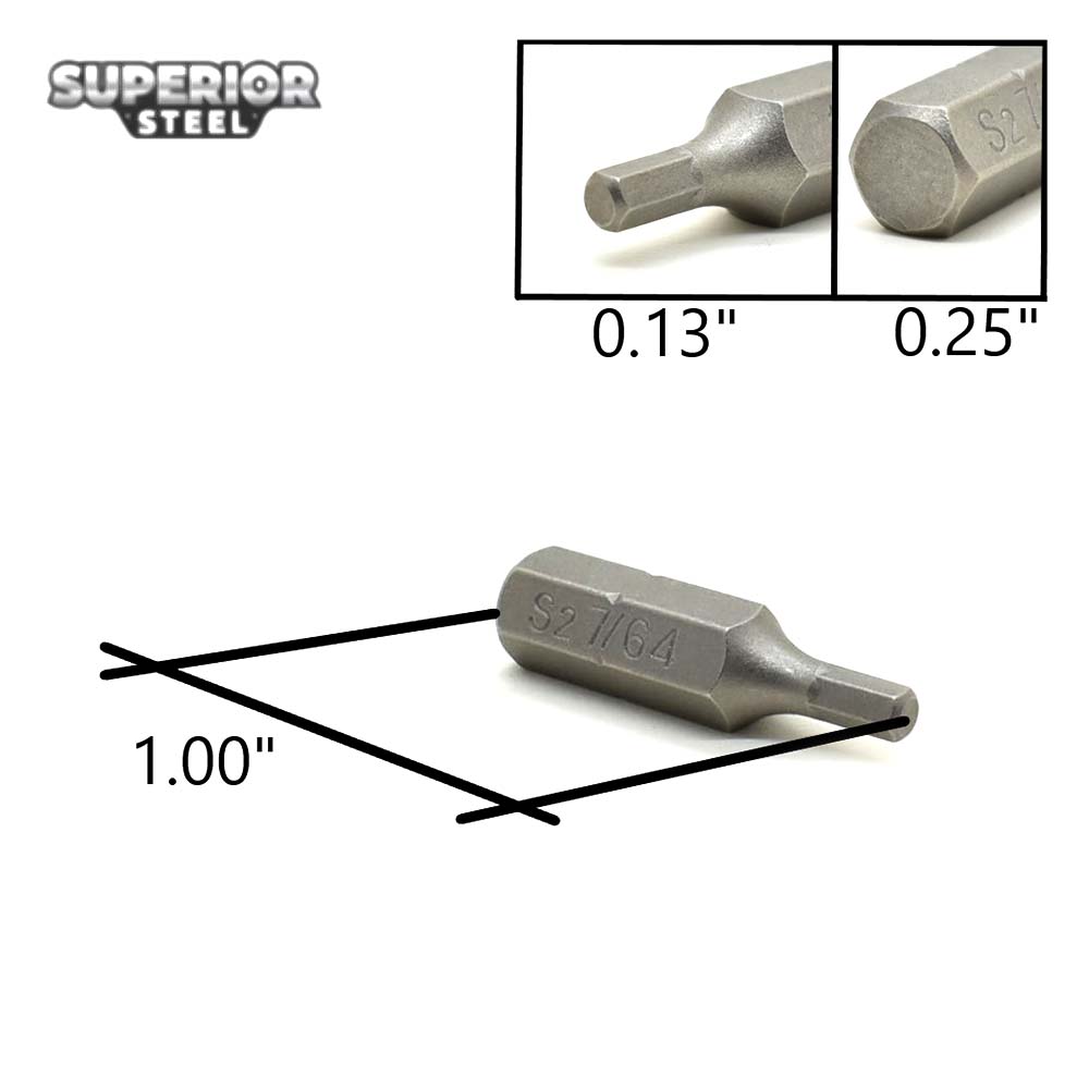10 Display Pack - Single End Hexagonal Screwdriver Bits - 1 Inch Long - 7/64 Hex