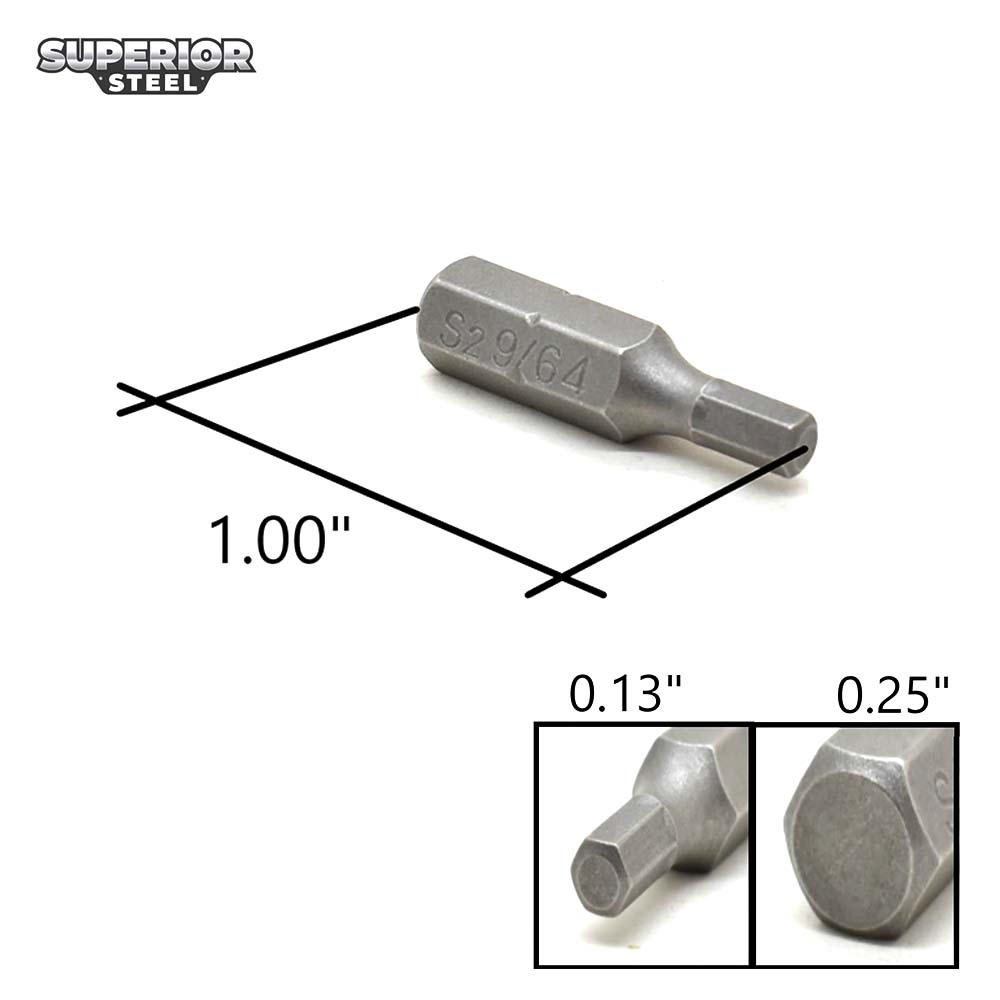50 Display Pack - Single End Hexagonal Screwdriver Bits - 1 Inch Long - 9/64 Hex