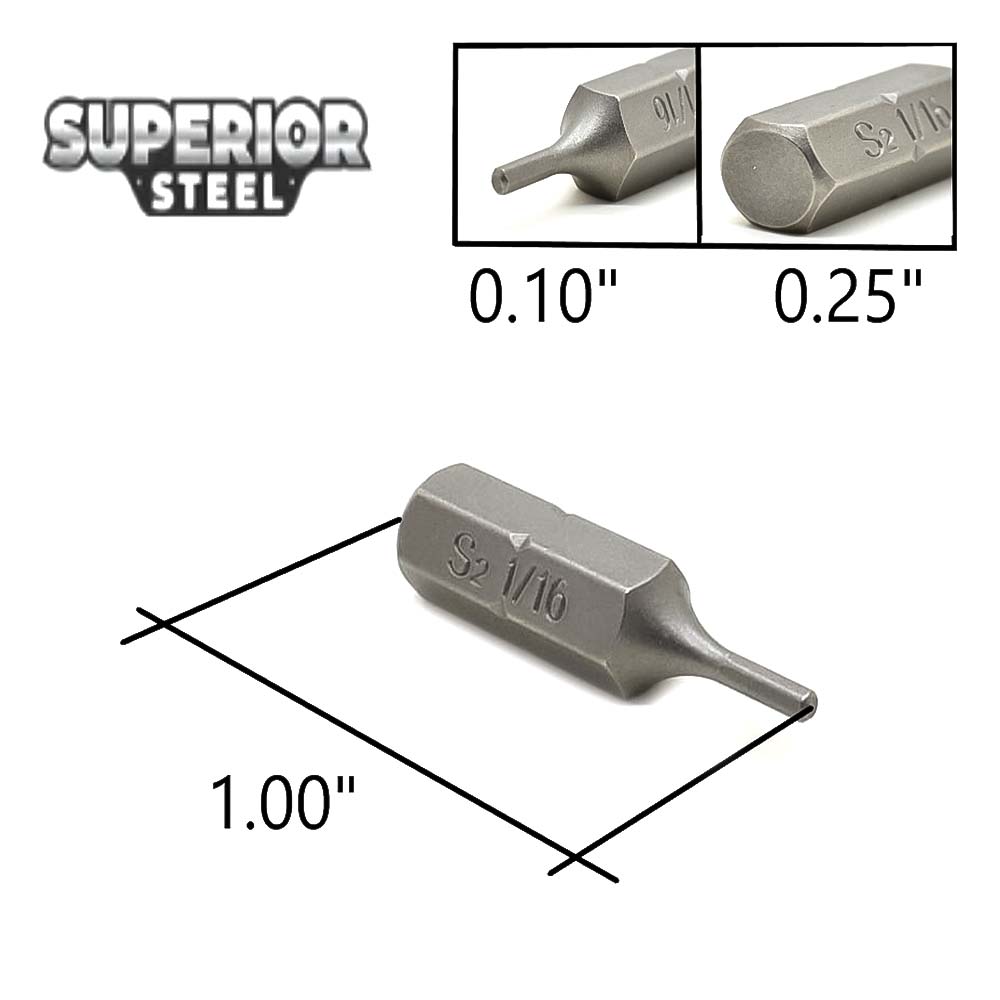 10 Display Pack - Single End Hexagonal Screwdriver Bits - 1 Inch Long - 1/16 Hex