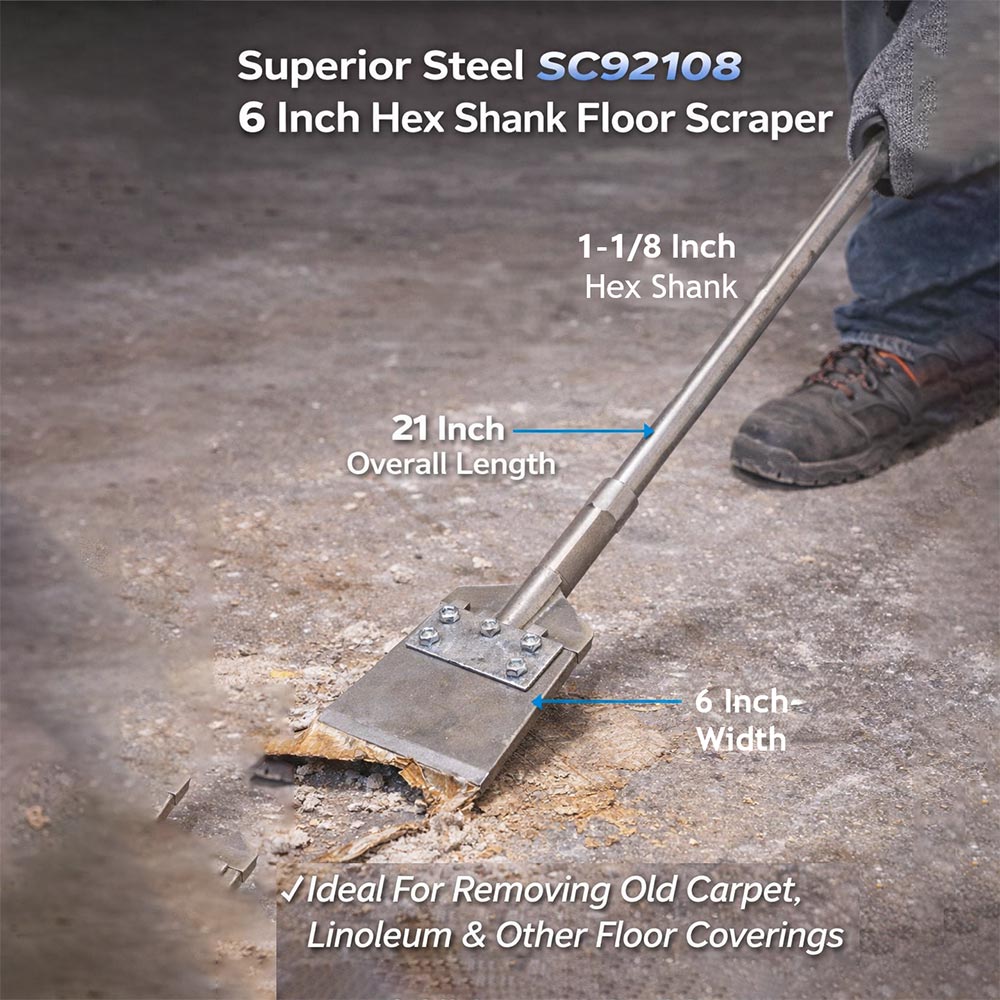 1-1/8" Hex Shank For SC10018 Floor Scraper 16" Long + 5" x 6" Floor Scraper Head  Includes blade (SC92100 + SC10018)