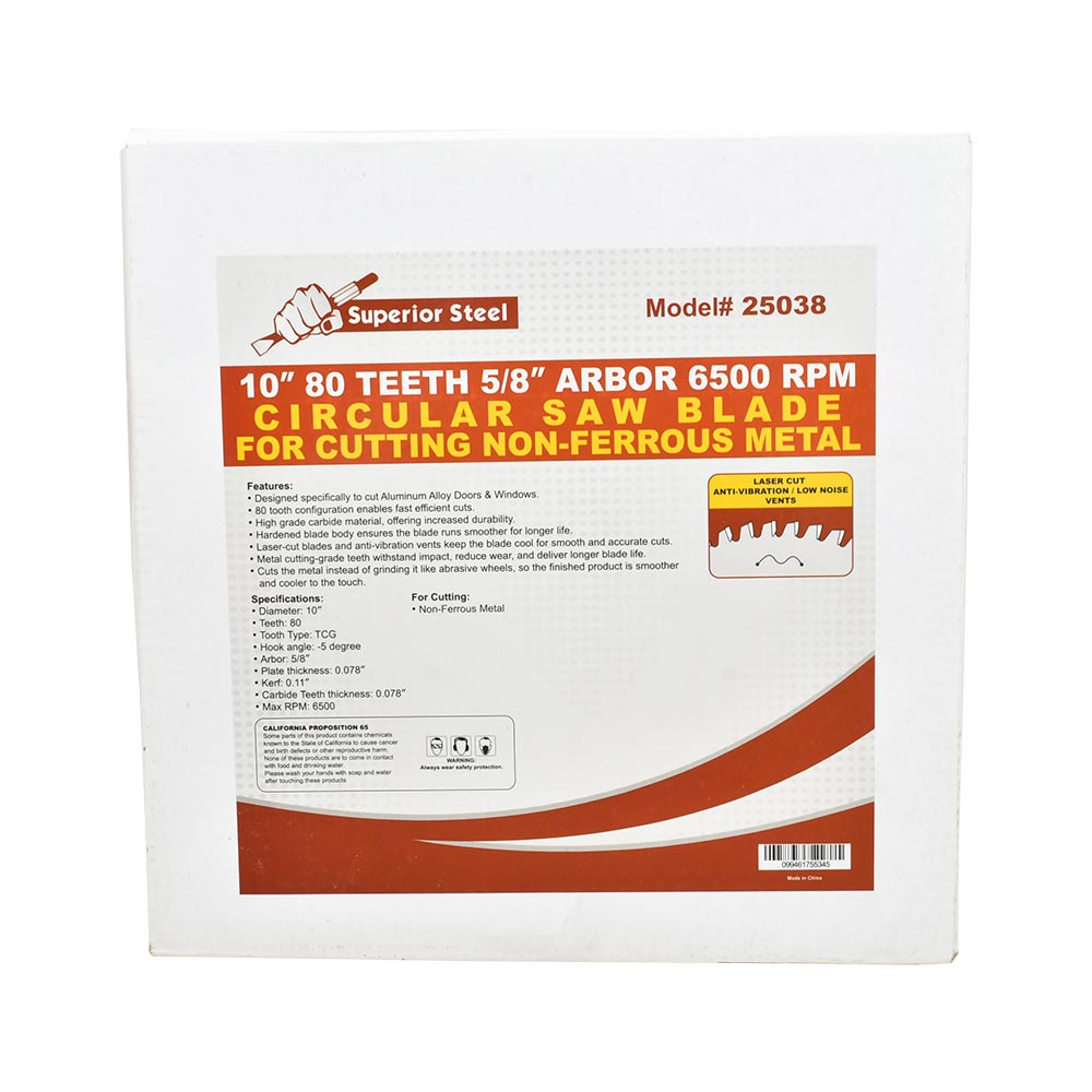 10" Dia, TCT 80 Teeth, 5/8" Arbor, Kerf 0.11", Plate Thickness 0.078", Teeth Thickness 0.078" 6500RPM Non-Ferrous Metal Cutting Saw Blade