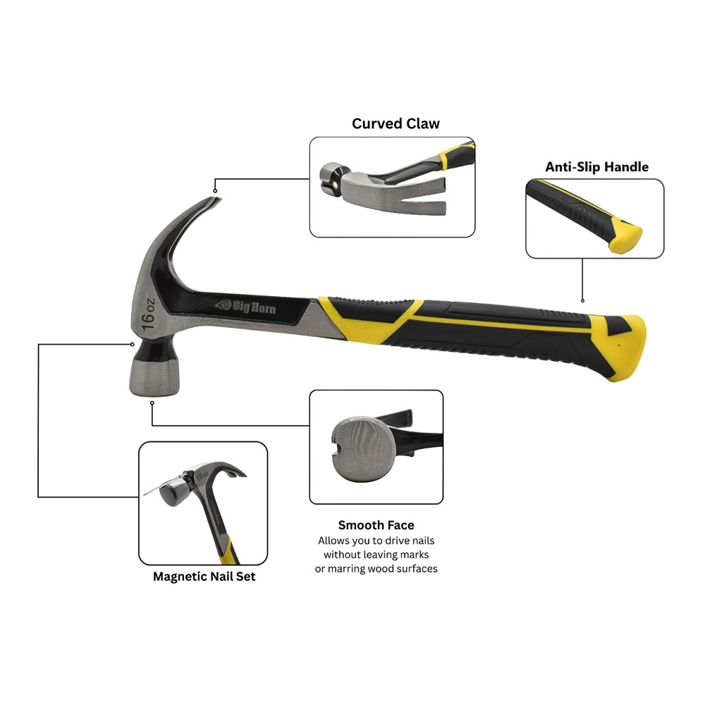 16 Oz Smooth Face One-Piece Forged Steel Curved Claw Hammer with Magnetic Nail Starter