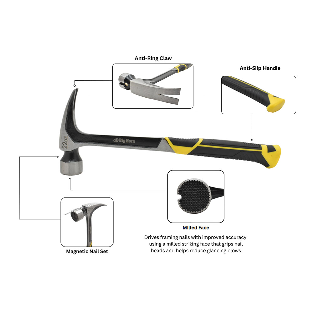 22 Oz Milled Face One-Piece Forged Steel Rip Claw Framing Hammer with Magnetic Nail Starter