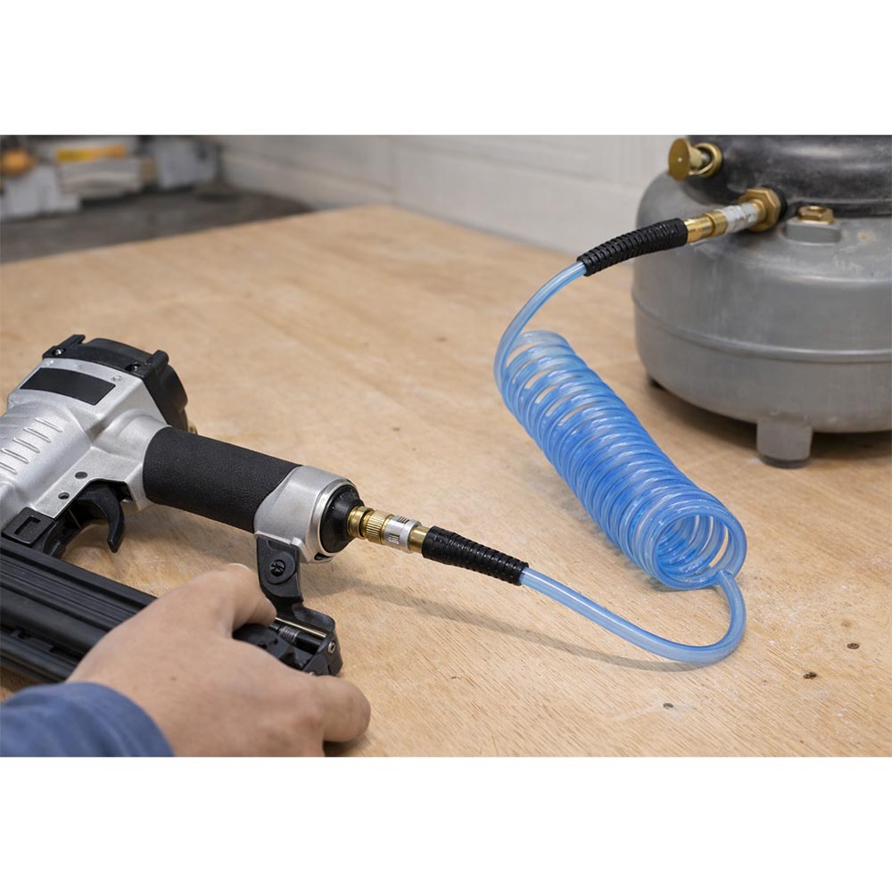 1/4" 20 ft long w/1/4" NPT Solid Fittings, Recoil Translucent Blue PU Hose