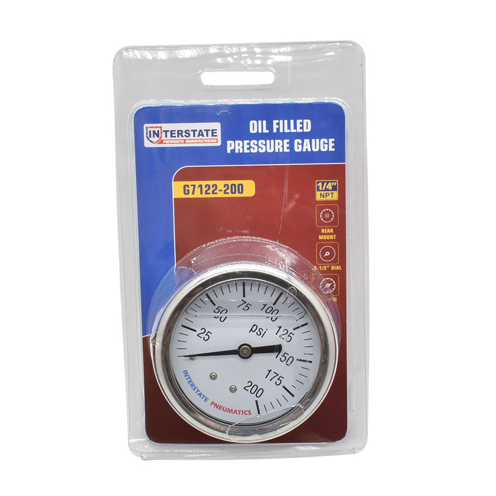 Oil Filled Pressure Gauge 2.5", 1/4" NPT Rear Mount- 200 PSI