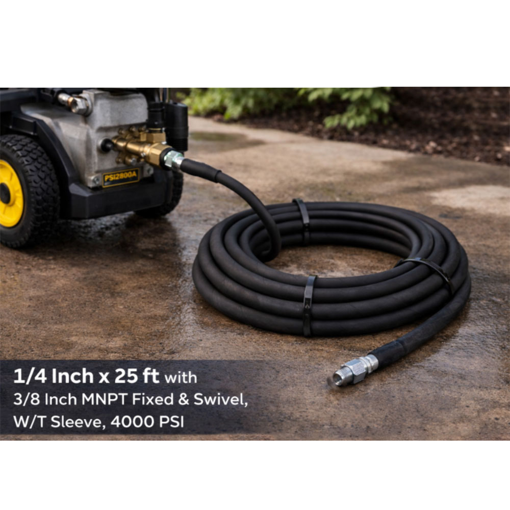 S.Braid Black Rubber Hose,1/4"x25 ft, 3/8" MNPT Fixed & Swivel, W/T Sleeve,4000 psi 