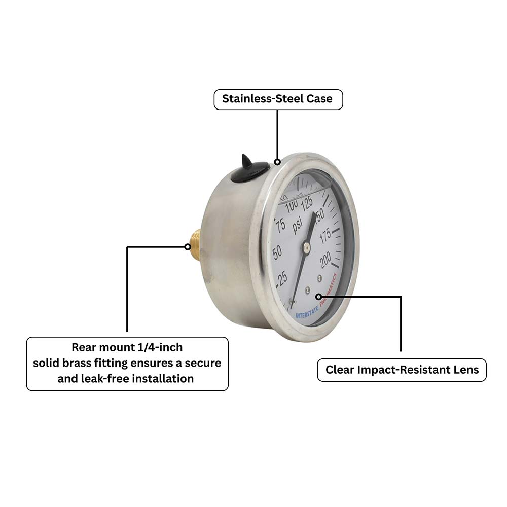 Oil Filled Pressure Gauge 2.5", 1/4" NPT Rear Mount- 200 PSI