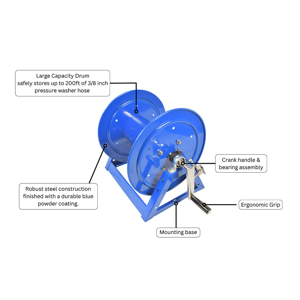 Manual Hose Reel Blue Powder Coated Steel - For 200ft X 3/8" Hose (Hose Not Included)