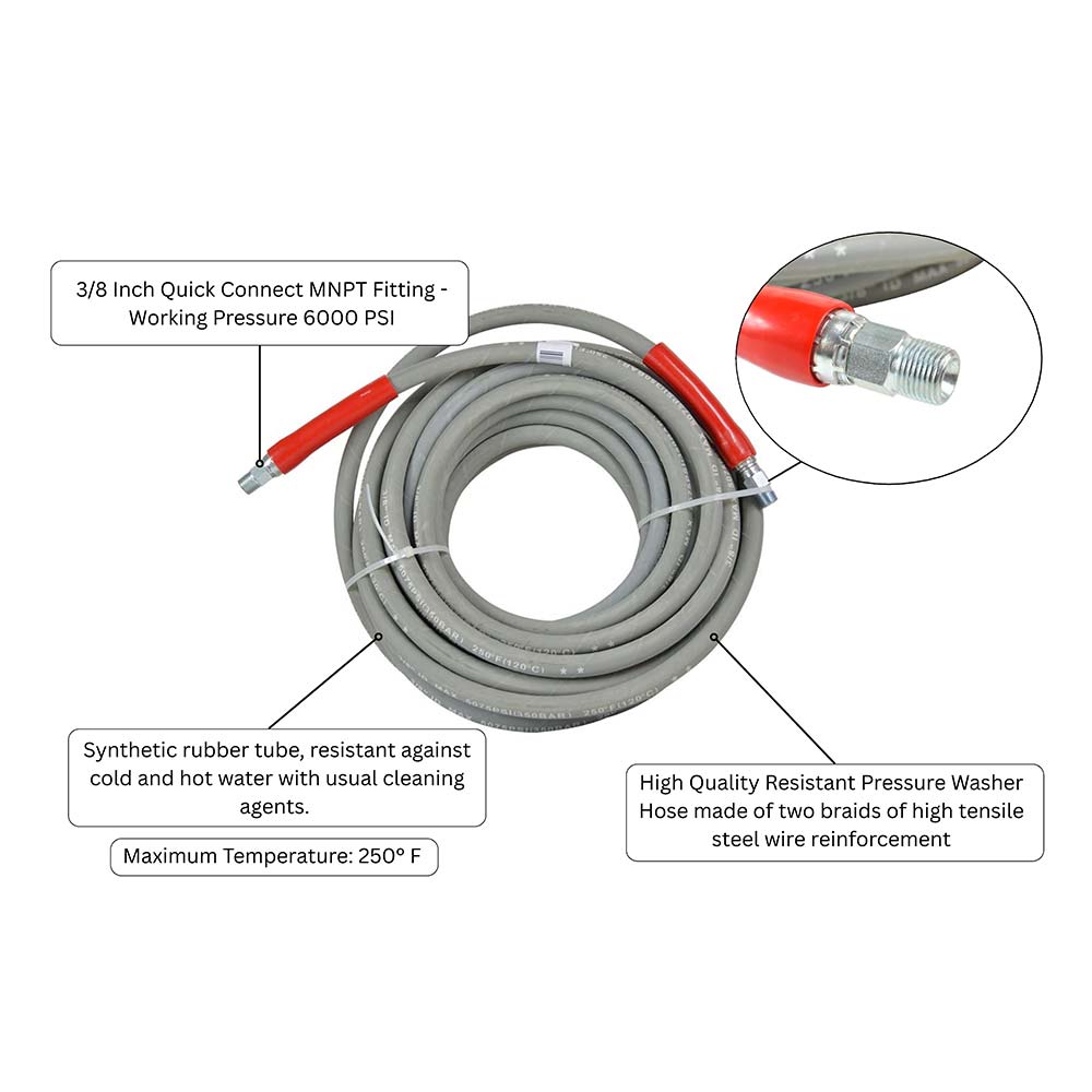 Double Braided Grey Rubber Hose 3/8" x 50ft with 3/8"MNPT Fitting - Working Pressure 6000 PSI