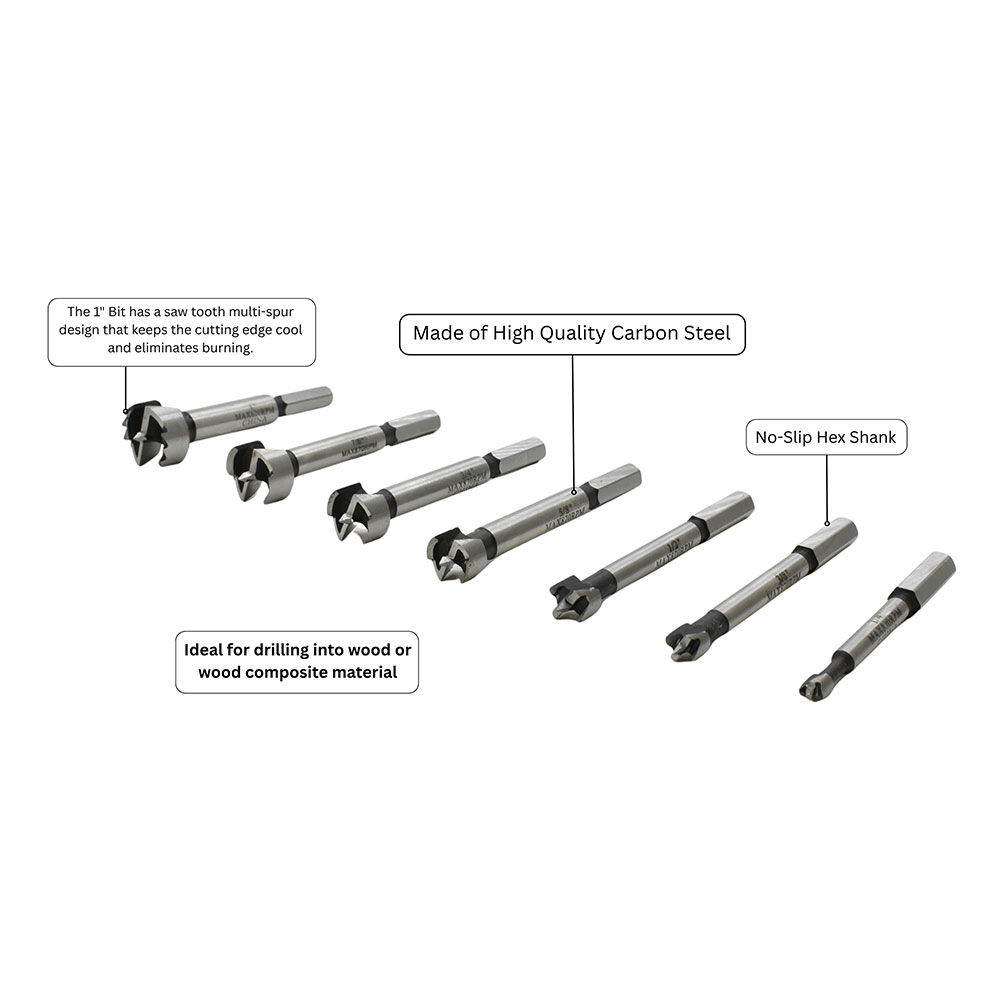 7 pc Forstner Bit Set, HEX Shank