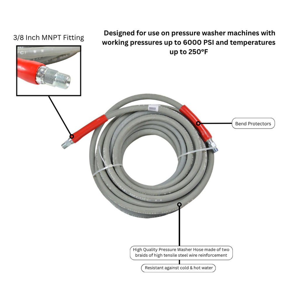 Double Braided Grey Rubber Hose 3/8" x 100ft with 3/8"MNPT Fitting - Working Pressure 6000 PSI