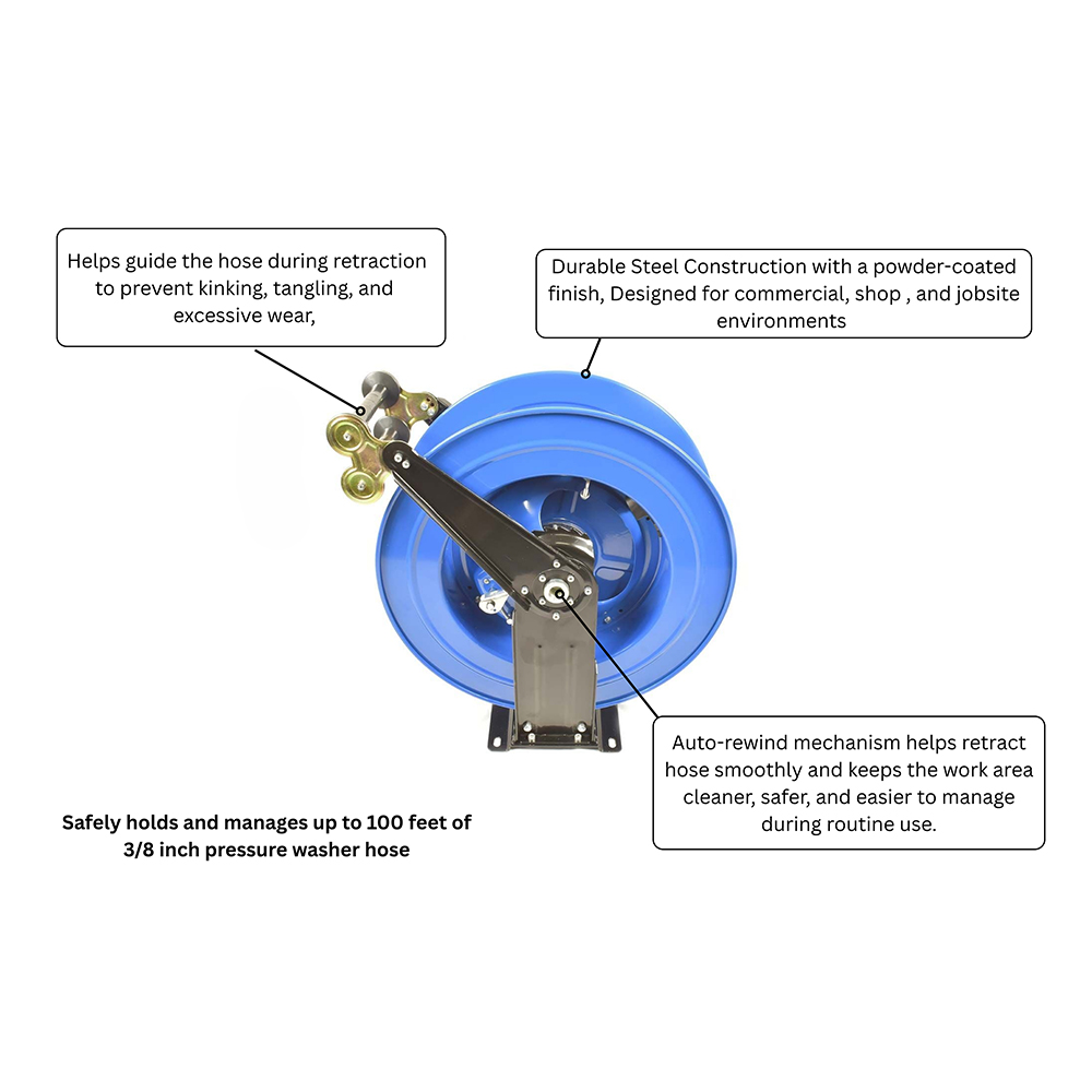 Pressure Washer Auto-Rewind Hose Reel 3/8" x 100ft - 3/8" MNPT x 3/8" MNPT
